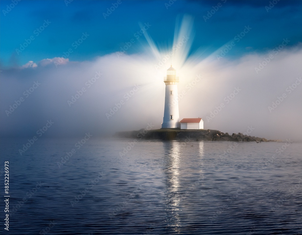 Fototapeta premium a solitary lighthouse emits a bright beam of light through dense fog over calm waters