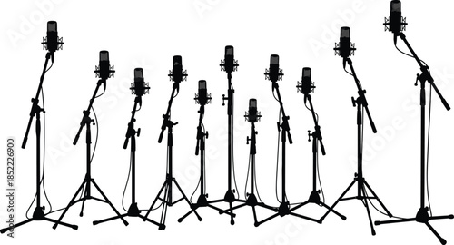 Studio condenser microphones on stands silhouette set isolated on white background professional audio recording equipment vector illustration for music podcast and broadcasting