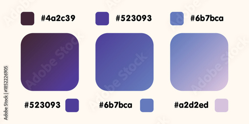 Gradient collection, shiny rainbow hologram. Holographic foil texture, blue, violet, purple gradation. Catalog of samples palettes in RGB HEX. Vector set for frame, border, other design.