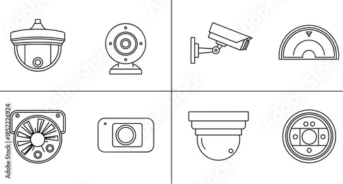 Security camera icons set with CCTV surveillance devices line style isolated on white background vector illustration for safety monitoring systems and technology design