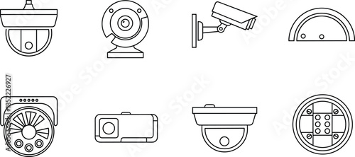 Vector icons of various surveillance camera designs including dome, bullet, and webcam styles for security, monitoring, and protection themes