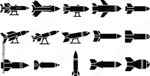 Missile and rocket silhouette icons set featuring military weapons bombs and rockets isolated on white background flat vector illustration for defense concepts