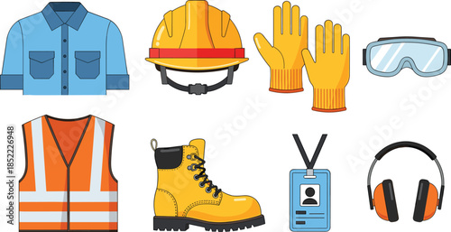 Construction safety equipment icons set including helmet gloves vest boots goggles headphones and workwear isolated on white background flat vector illustration
