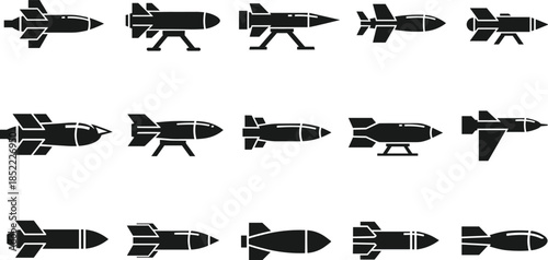 Vector silhouettes of various missile and rocket designs in black, showcasing diverse shapes, fins, and configurations for military or aerospace themes