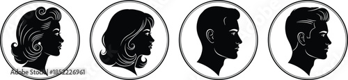 Male and female profile silhouette icons set in circular frames isolated on white background elegant vintage portrait vector illustration for branding and design