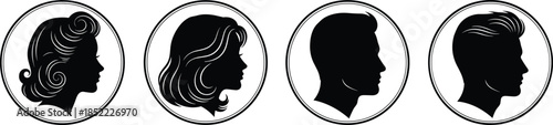Vector silhouettes of male and female human profiles with varied hairstyles inside circular frames for design, identity, and avatar concepts