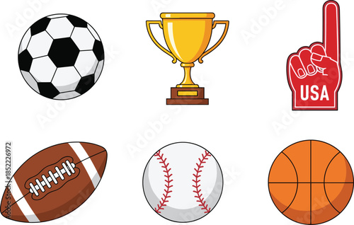 Sports icons set featuring soccer basketball baseball football trophy and USA foam finger isolated on white background vector illustration for web print design