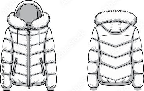 Hooded puffer jacket CAD drawing, front and back view, winter outerwear flat sketch, fashion technical illustration, cad flat vector illustration
