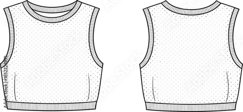 Mesh sleeveless crop top CAD drawing, front and back view, athletic apparel flat sketch, technical illustration, cad drawing vector illustration