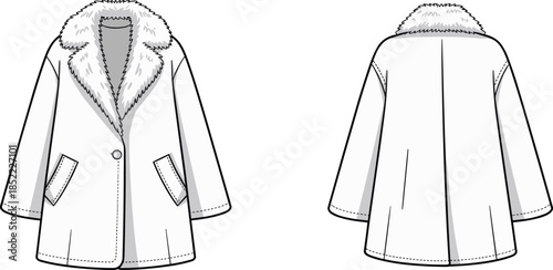Fur collar winter coat CAD drawing, front and back view, outerwear flat sketch, fashion technical illustration, cad drawing flat vector illustration