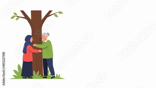 Two people hugging tree, a woman in hijab and an older person embracing large tree trunk in nature setting. People hugging tree represent environmental care and connection with earth,