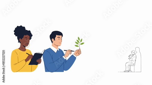 Researchers engaged in plant study, meticulously observing green leaf specimen and recording notes. Collaborative plant study shows male scientist examining plant, female colleague documenting.
