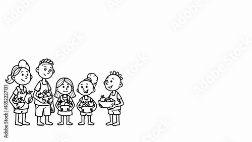 Black outline illustration depicting children with plants in small pots, standing side by side. Happy group of children with plants holding various seedlings and gardening items,