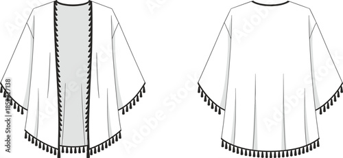 Kaftan poncho CAD drawing, front and back view, fringe hem apparel flat sketch, fashion technical illustration, cad drawing flat vector illustration