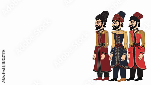 Three traditional costume men stand in a row, displaying rich cultural dress. Each traditional costume men wears distinct robes, hats, and beards.