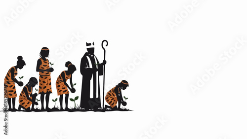 Ancient community planting illustrates tribal figures tending sprouts, symbolizing origin. Leader guides ancient community planting, fostering agriculture, development.