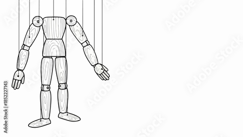 Wooden mannequin puppet illustration without head, controlled by visible strings on clean white background. Articulated wooden mannequin puppet drawing displays jointed body segments,