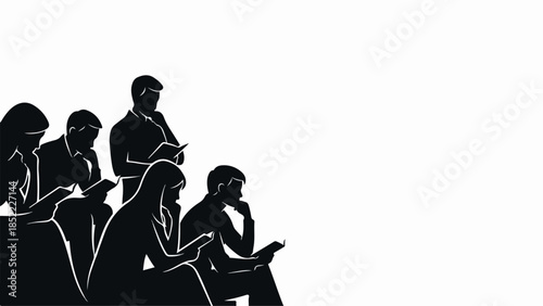 People studying group in silhouette, individuals focused intently. Concentrated people studying group shows silent reading or deep thought. Modern people studying group for education, business,