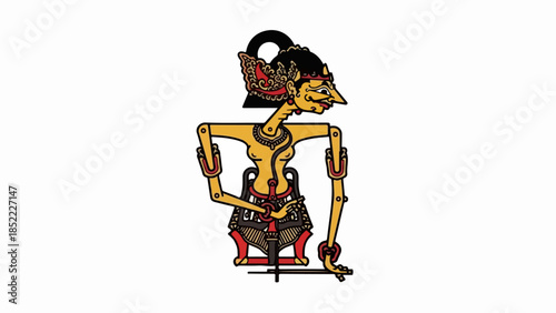 Wayang Kulit puppet, Indonesian shadow figure on white. Wayang Kulit puppet displays intricate patterns, cultural heritage. Wayang Kulit puppet for cultural promotion, travel, education.