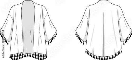 Kimono cardigan fashion sketch, tassel trim garment design, flat vector CAD illustration, front and back view, technical drawing