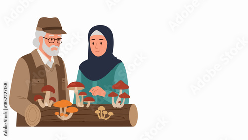 Mushroom cultivation: senior man and woman, woman in hijab, examine fungi on log. Mushroom cultivation offers enriching hobby for older adults, promoting sustainable practice.
