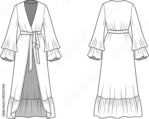 Women's kimono style wrap dress technical fashion illustration, front and back flat view, long sleeve belted robe design for apparel production