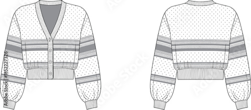 Women's cropped cardigan technical sketch, fashion flat design, puff sleeve, V-neck, button front, ribbed hem, stripe pattern, apparel CAD drawing, vector illustration