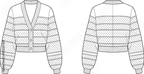 Women's cropped knit cardigan fashion illustration, front and back flat view, long sleeve buttoned sweater design with textured pattern for apparel production