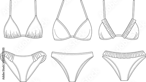 Bikini Technical Sketch Set – Black and White Fashion Flat Illustrations of Swimwear Tops and Bottoms for Garment Design and Production Reference