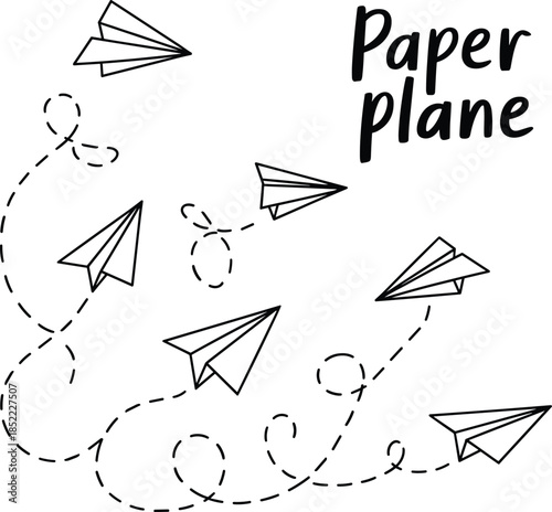 Paper Plane Doodle Illustration with Hand Drawn Airplane Sketches and Dashed Flight Paths Minimal Line Art Design