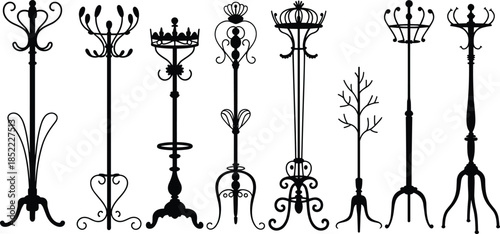 Ornate Coat Rack Silhouette Set – Black Decorative Vintage Stand Designs Featuring Scrolls, Finials, and Elegant Shapes for Interior and Furniture Themes