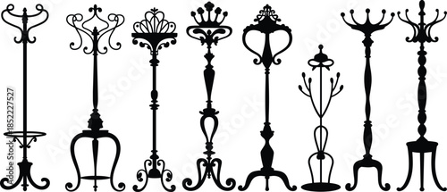 Vintage Coat Rack Silhouette Collection Ornate Standing Hat and Clothes Hangers Black Decorative Furniture Illustration Set