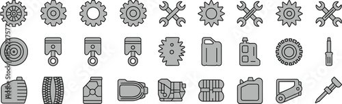 Mechanical and Automotive Icon Set – Gray Line Art of Gears, Tools, Pistons, Tires, and Maintenance Symbols for Engineering and Repair Interfaces