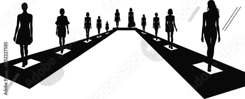 Fashion Runway Silhouette Illustration with Female Models Walking Catwalk Black and White Perspective Scene Modern Style Concept Design