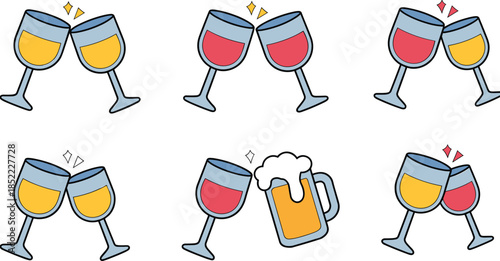 Clinking drink glasses icon set vector, celebratory toast illustration, beer wine cocktail graphic, festive beverage design for party, social gathering, celebration theme