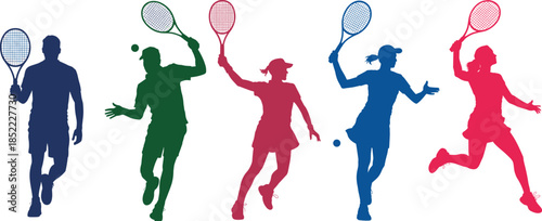 Colorful tennis player silhouettes in action poses, men and women athletes playing racket sport, dynamic competition and fitness illustration isolated on white background