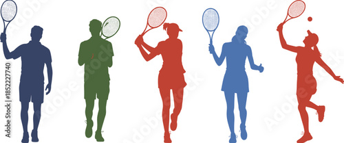 Tennis player silhouette icon set vector, colorful action poses illustration, racket sports movement design, dynamic athlete graphic for fitness and competition themes