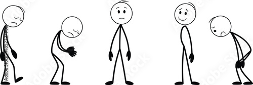 Stick figure emotions sequence showing sad, tired, confused and happy characters, human feelings concept, mental health illustration isolated on white background