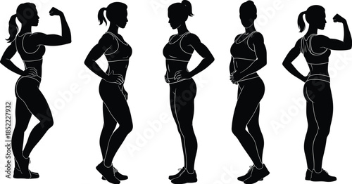 Female body transformation silhouette, fitness journey vector illustration, weight loss progress stages, health and wellness concept, side profile comparison for exercise motivation
