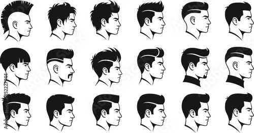 Hairstyle Silhouette Icons in Side Profile Featuring Modern, Classic, and Edgy Cuts for Barbering and Character Design Use