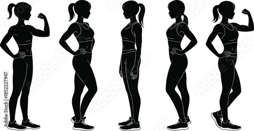 Female fitness silhouettes showing strong athletic women poses, workout body shapes, strength training concept for health, exercise, sport, and active lifestyle illustration