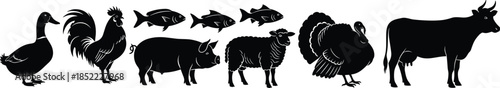  Farm Animal Silhouette Icons Featuring Duck, Rooster, Pig, Fish, Sheep, Turkey, and Cow for Agriculture, Education, and Livestock Design