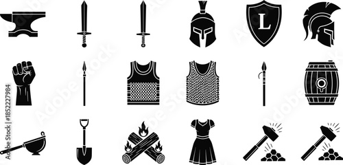 Medieval weapon and armor silhouette icon set featuring swords, shields, helmets, tools and warrior equipment symbols for fantasy, history and game design projects