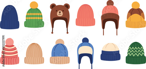 Winter beanie hat illustration set with colorful knitted caps, pom pom and animal styles, cozy cold weather headwear icons for fashion, kids and seasonal design projects