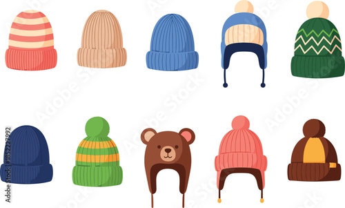 Colorful Winter Hat Illustrations Featuring Pom-Poms, Ear Flaps, and Patterned Designs for Fashion, Seasonal, and Retail Concepts