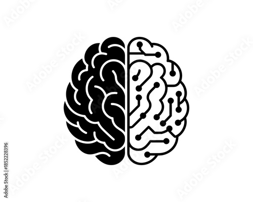 Minimalist human brain icon with digital circuit board half, artificial intelligence and neural network concept, black and white brain anatomy symbol