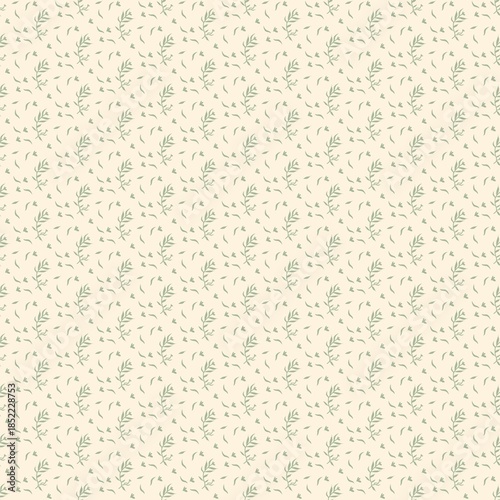 Serene seamless pattern with sage green botanical branches and delicate leaves scattered on warm cream background Ideal for minimalist home decor textiles and organic branding