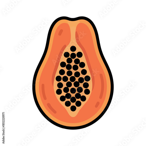 A vibrant, colorful illustration of a halved papaya, showcasing its juicy orange flesh and numerous black seeds. Perfect for healthy eating, tropical fruit, or food-related designs.