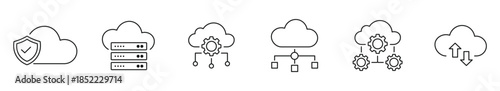 Cloud Computing and Infrastructure Icon Set, Cloud Security, Data Storage, Network Architecture, System Management, Cloud Automation and File Transfer Concept, Vector Illustration