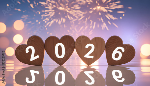 2026 Heart Numbers on Reflective Surface with Fireworks and Bokeh Lights Celebrating New Year